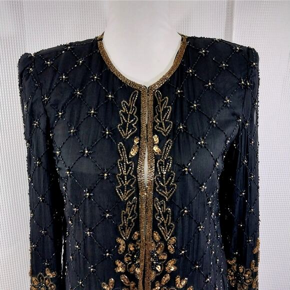MARK & JOHN! 100% SILK! LUXE BLACK & GOLD ORNATELY BEADED/SEQUINNED JACKET! SZ S - Picture 4 of 13